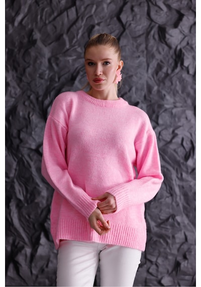 Qscob Bisiklet Yaka Oversize Basic Triko Kazak Pembe