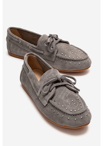 Luvishoes Cuesta Gri Süet Hakiki Deri Troklu Bağcıklı Kadın Loafer Ayakkabı