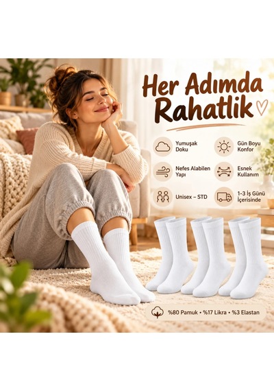 Teorastore Unisex Beyaz Soket Çorap Pamuk 12'li Set Dikişsiz Burun Takviyeli Esnek Günlük Spor Çorabı Rahat