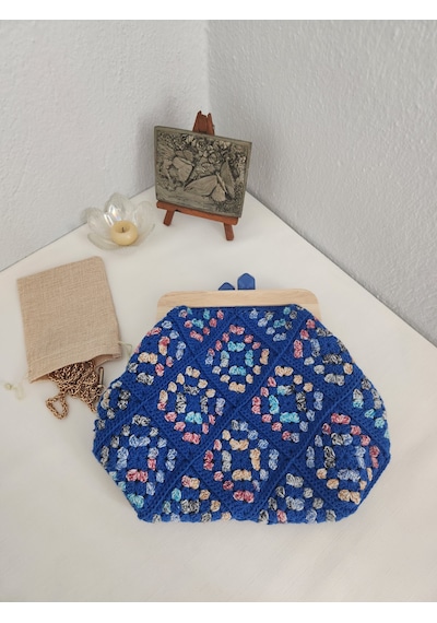 Fikriharika Design Retro, Motifli, Ahşap Burslu, Kadın El Çantası Saks Mavi
