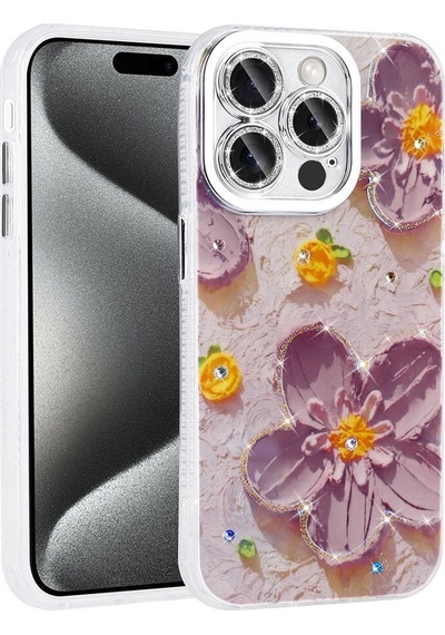 Apple Uyumlu  iPhone 15 Pro Max İle Çiçek Desenli Parlak Taşlı Sert Silikon Kapak