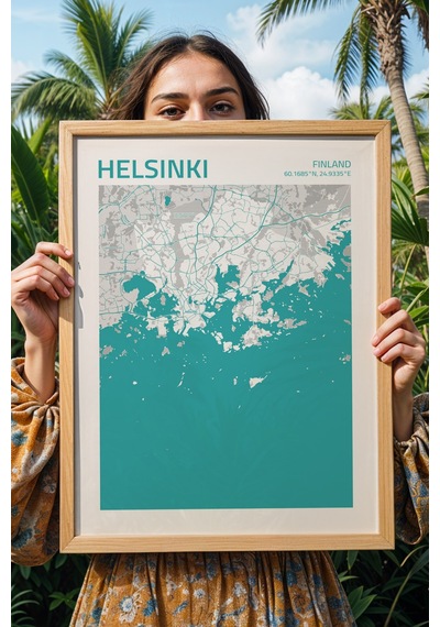 Helsinki Finlandiya Finland Haritası Çerçeveli Tablo Lüks Salon Ofis Duvar Dekorasyonu Tablo Kayın