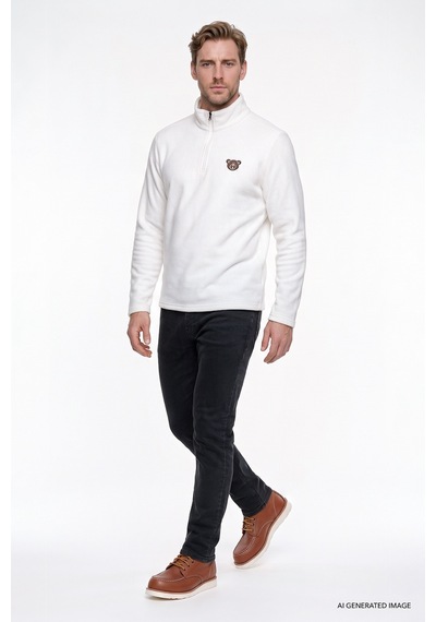 Ac&Co / Altınyıldız Classics Erkek Beyaz Anti-pilling Tüylenme Yapmayan Standart Fit Bato Yaka Soğuk Geçirmez Sweatshirt Polar