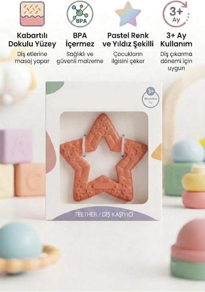 Yıldız Şekilli Esnek Bpa İçermeyen Kabartılı Pastel Renkli Oyuncak Bebek Diş Kaşıyıcısı Turuncu