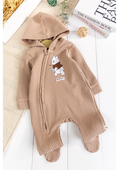 Babymod Kapişonlu Ayıcık Desenli 100% Pamuk Erkek Bebek Tulum Kahverengi