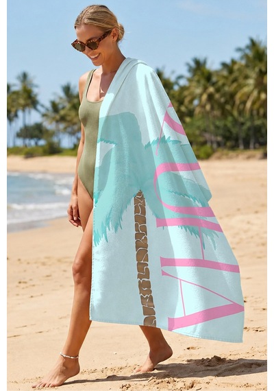Palmiye Yazılı Mikrofiber Plaj Havlusu - Tropikal Modern Mint Pembe Hızlı Kuruyan Mikrofiber Havlu Puslu Mercan