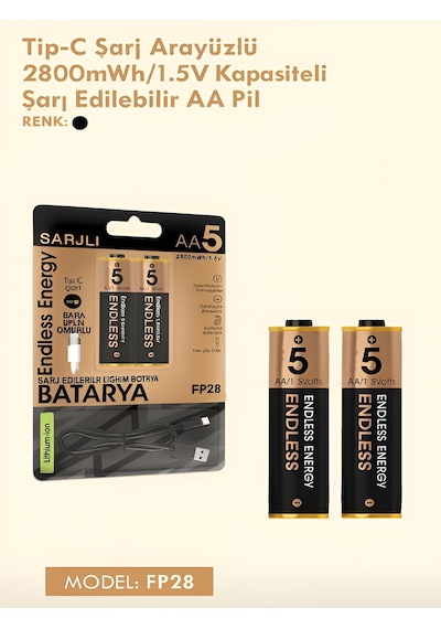 Type-c Şarjlı 2800mwh 1.5v Şarj Edilebilir 2'li Aa Kalın Pil - Lityum İyon Batarya