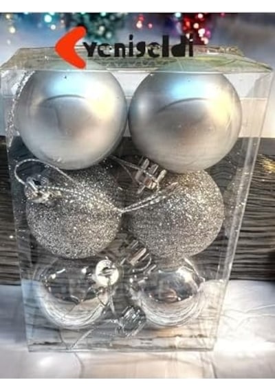 6 Adet Gümüş Renk 5 Cm Yılbaşı Topu, Noel Topu, Çam Ağacı Topu, Süs Topu T-48, Gümüş