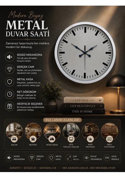 40 Cm Metal Beyaz Modern Duvar Saati 52730070