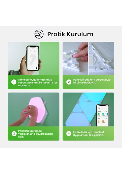 Nanoleaf Üçgen Akıllı Rgbw Duvar Paneli Başlangıç Paketi App Kontrollü, 9 Parça, Siyah, Google Home, RGB