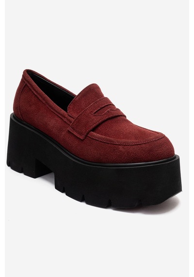 Luvishoes Santıa Bordo Süet Kadın Kalın Tabanlı Loafer Ayakkabı Bordo