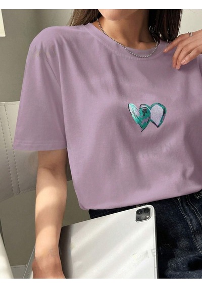 Flood Of Style Kadın Lila Çift Kalp Baskılı Oversize Mor