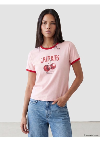 Lcw Modest Pembe Bisiklet Yaka Baskılı Kadın Tişört