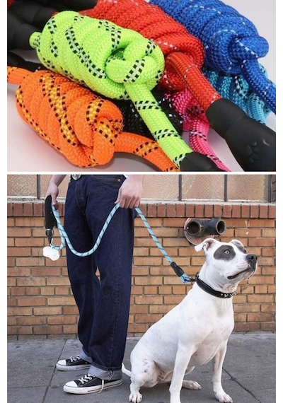 Buffer Reflektörlü Fosforlu Köpek Gezdirme Halatı Tasma Kayışı Metal Kancalı 130 CM Mavi