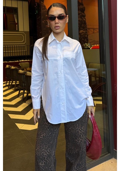 Seeh Beyaz Düz Kesim Düğmeli Kadın Gömlek Sh367 Basic