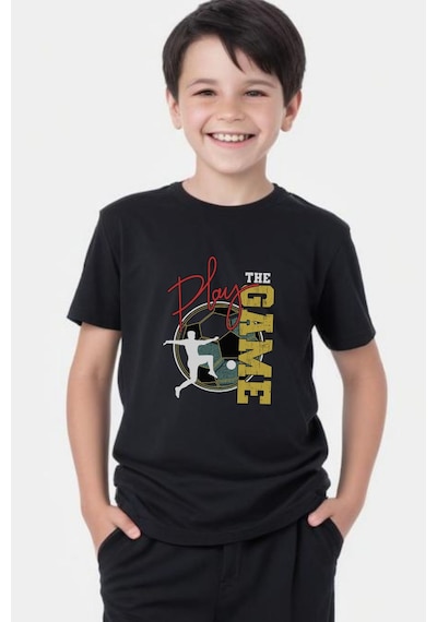 Panios Kids Play Game Baskılı Erkek Çocuk Kısa Kollu Yuvarlak Yaka T-shirt Siyah