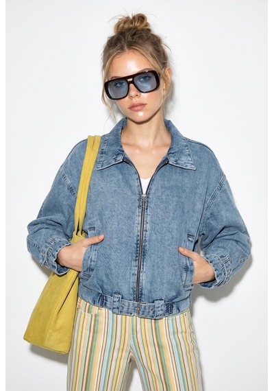 Shade Kadın Fermuarlı Kemer Detaylı Oversize Denim Ceket 3667 60286206 - Buz Mavisi