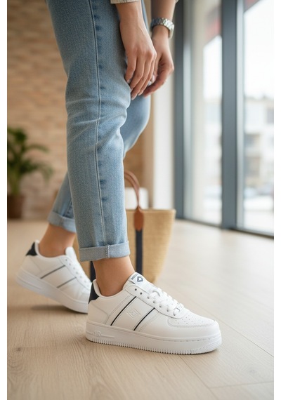 Enoch Yan Çizgili Kalın Tabanlı Bağcıklı Kadın Sneaker Beyaz Siyah