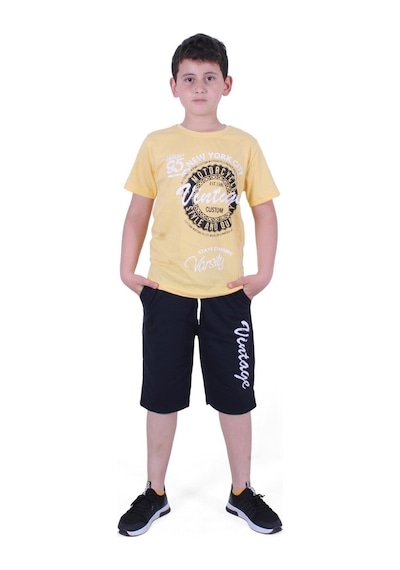 Fyk Kids Vintage Custom Yazı Baskılı Erkek Çocuk Yazlık Takım Sarı