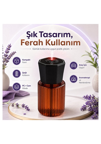 Araç İçi 120 Ml Ultrasonik Hava Nemlendirici Ve Aromaterapi Difüzörü Type-c Şarjlı Koku Siyah