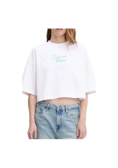 Kadın Cropped Boxy Fit Zincir Dikiş Logolu T-shirt - Beyaz-8784 Brilliant White