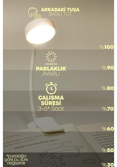 Şarjlı Ayarlı Klipsli Mini Kitap Okuma Lambası Mandallı Işık Masa Lambası Kitap Okuma Işığı Av3310