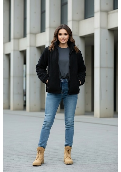 Kadın Oversize Peluş, Polar, Fermuarlı, Teddy Dik Yaka, Sıcak Tutucu Yumuşak Kışlık Ceket Siyah