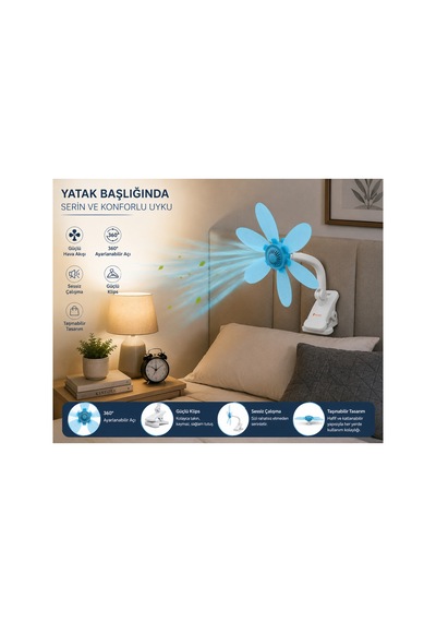 Klipsli Elektrikli Mini Vantilatör 6 Kanatlı 360 Ayarlanabilir Sessiz Masa Fanı Ev Ofis Kamp Karavan Yatak Başlığı