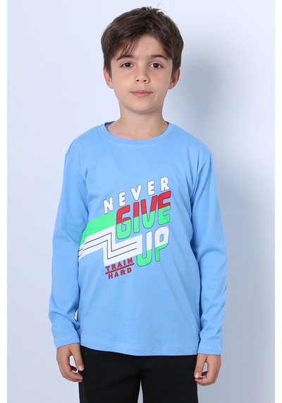 Hçm Erkek Çocuk Uzun Kollu Tshirt Never Give Up Baskılı Bisiklet Yaka D10 Mavi