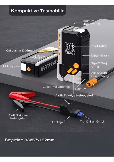 10000mah Akü Takviyeli Hava Pompası Kompresör Powerbank 150 Psı Led Fener Akıllı Basınç Siyah - Abs+