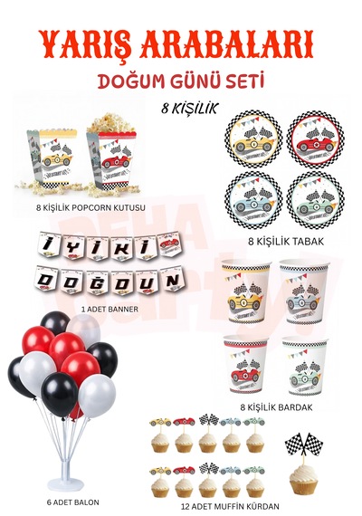 Yarış Arabaları Temalı Mini Doğum Günü Seti 8 Kişilik Parti Seti Banner Balon Tabak Bardak Popcorn 6