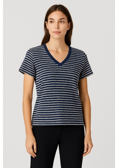 Kadın Lacivert Beyaz Çizgili V Yaka Kısa Kollu Örme T-shirt, Bluz Lacivert