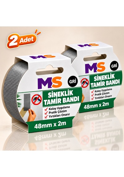 2 Adet Yapışkanlı Gri Sineklik Tamir Bandı 48 Mm X 2 Metre Yaması Tülü Bantı Delik Onarımı Yapıştırma 48 x 48