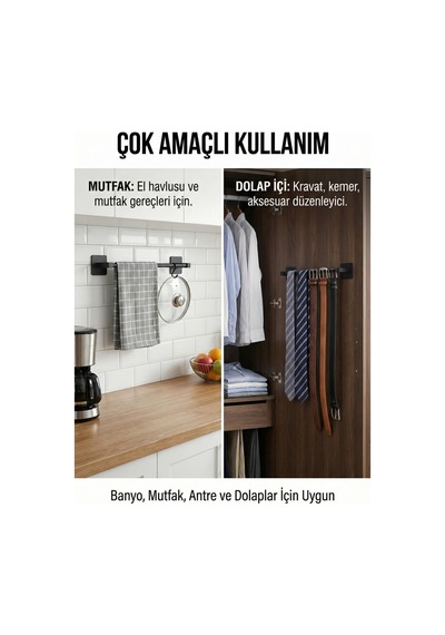 Yapışkanlı Siyah Paslanmaz Metal Banyo Havluluk 38 Cm - Modern Havlu Askısı Siyah Diğer