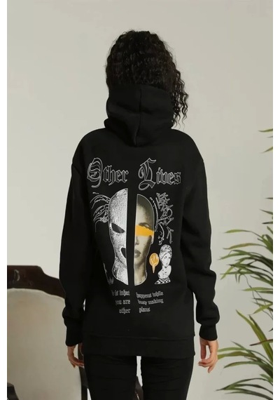 Sırt Baskılı Oversize Üç İplik Kapüşonlu Sweatshirt - Siyah
