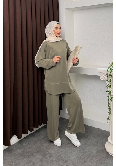 Mihran Butik Kalina Model İthal Pike Kumaş Cep Detaylı Kadın Takım Haki
