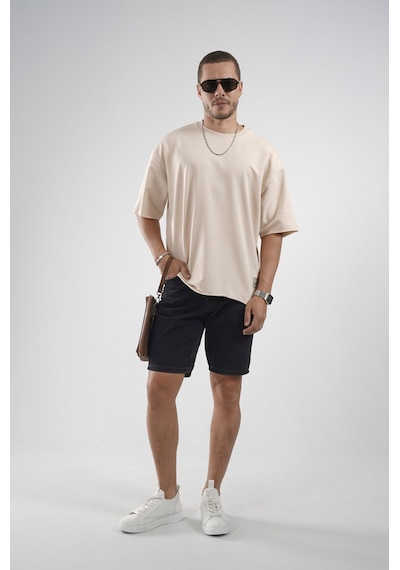 Oversize Kalıp Likralı Basic Tişört Bej