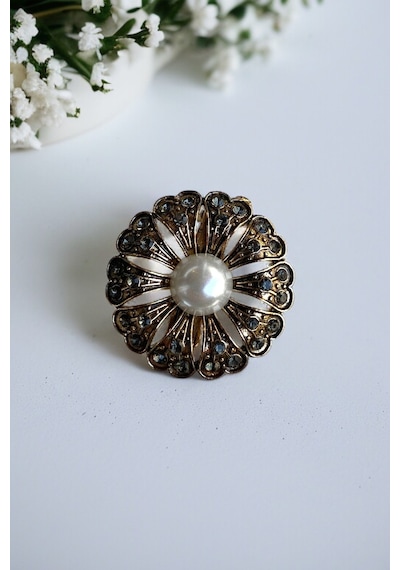 Black Diamond Taşlı İnci Çiçek Yüzük Gri