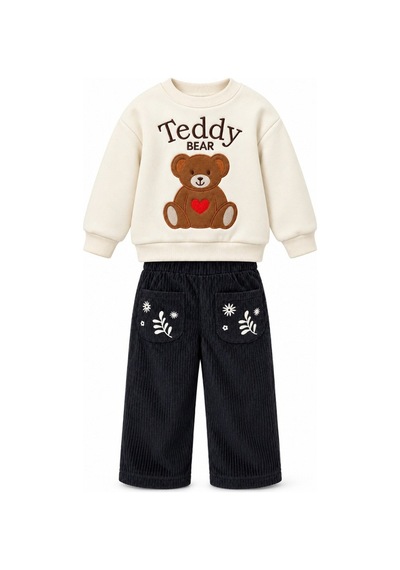 Fesshera Erkek Çocuk Takım Uzun Kollu Sweatshirt Ve Fitilli Kadife Pantolon Set Siyah