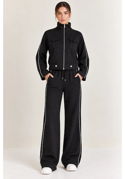 Mevese Biyeli Detaylı Dik Yaka Fermuarlı Sweatshirt & Wide Leg Eşofman Takım - Siyah