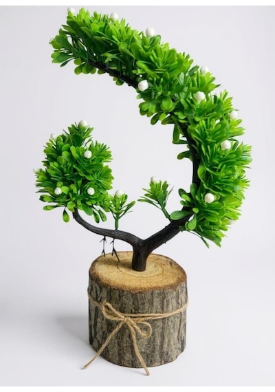 Yapay Çiçek Beyaz Çiçekli Bonsai Ağacı Dekoratif Kütük Saksıda Yapay Ağaç Bonzai Hilal Model