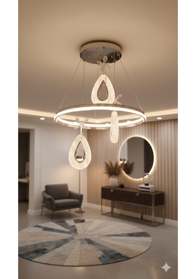 Bohem Aydınlatma 3'lü Çift Taraflı 3renk Led Halka Badem Sarkıt Modern Salon/oda/yatak/antre Avizesi Krom