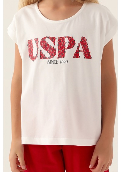 U.S. Polo Assn. Lisanslı Flower Written Kırmızı Kız Çocuk Bermuda Takım 5274-43168 Krem - Kırmızı