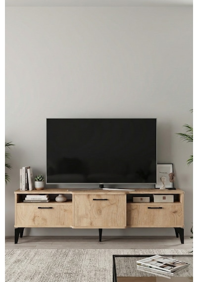 Tv Sehpası 160 Cm Kapaklı Raflı Televizyon Ünitesi Salon Oturma Odası Tv Sehpa Mistral Bej