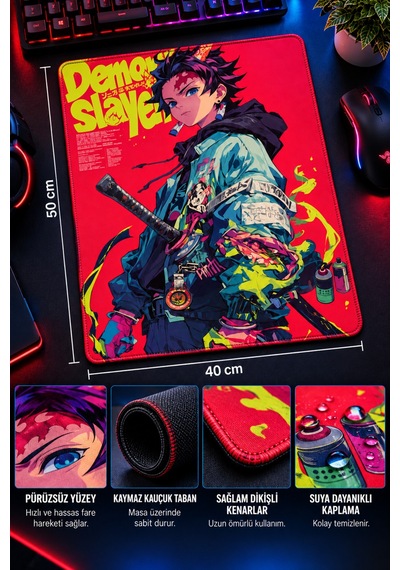 50x40 Cm Demon Slayer Tanjiro Desenli Gaming Oyuncu Mouse Pad Kaymaz Taban Büyük Fare Altlığı