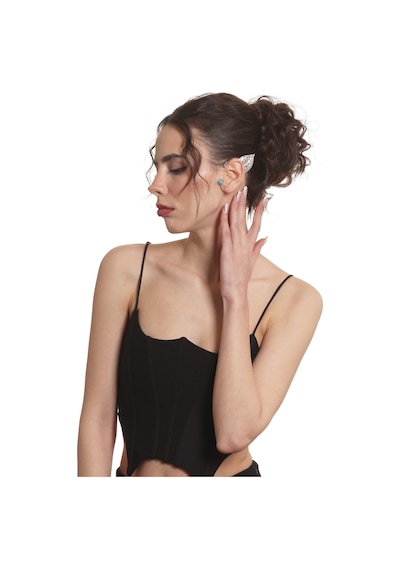 Kadın Gümüş Renk Lak Kaplama Taşlı Dokulu Yaprak Stilizesi Sol Kulak Earcuff & Kıkırdak Küpe Çok Renkli