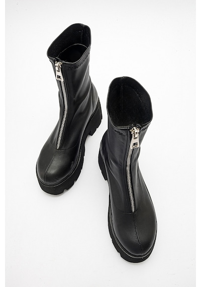 Luvishoes Luvi Shoes Ovil Siyah Streç Kalın Taban Fermuarlı Kadın Bot Siyah