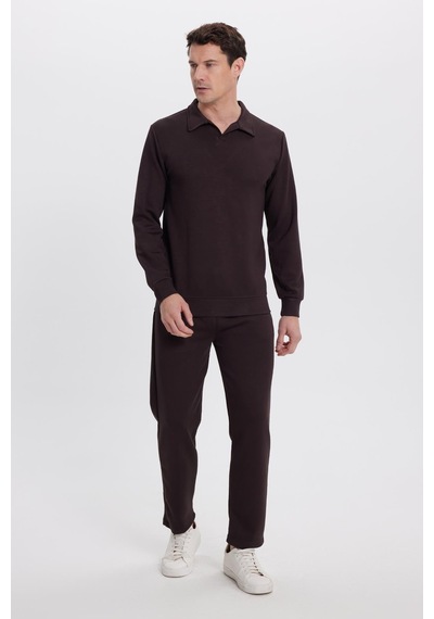 Tudors Erkek Relax Fit Rahat Kesim Polo V Yaka Kahverengi Sweatshirt-41921 Kahverengi