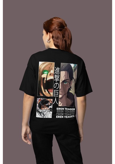 Attack On Titan Eren Yeager Sırt Baskılı Unisex Oversize Anime Ti Siyah