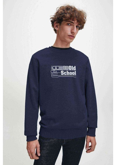 Araba Old School Baskılı Indigo Mavi Lacivert Erkek Örme Sweat